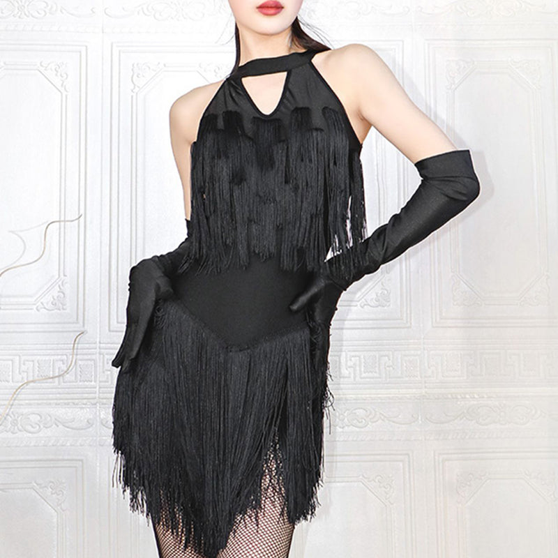 YJFY Women's Stretch polyester Tassels Latin Dance Dress Dance Wear Training Performance Dress（Without Gloves）
