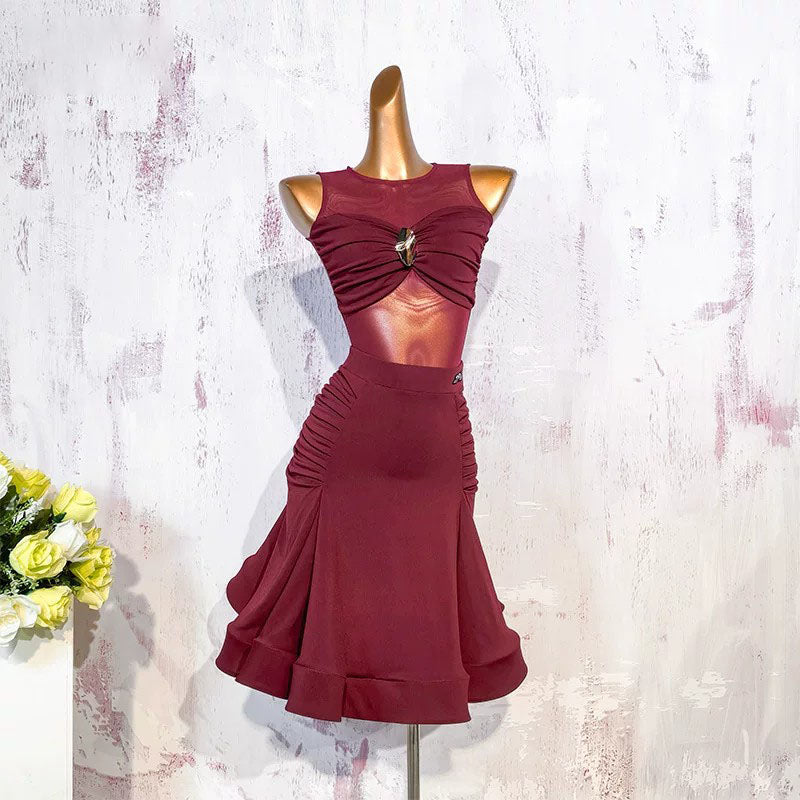 YJFY Women's Dark Red Latin Dance Sets Dance Wear Training Performance Dress Sets(Without Golves)