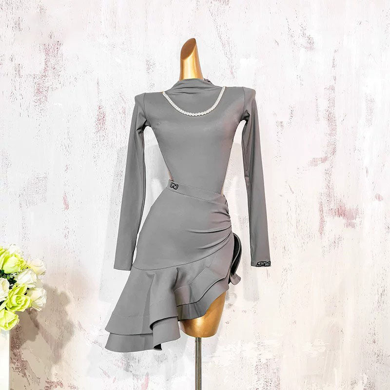 YJFY Women's Grey Backless Latin Dance Sets Dance Wear Training Performance Dress Sets(Without Necklace)