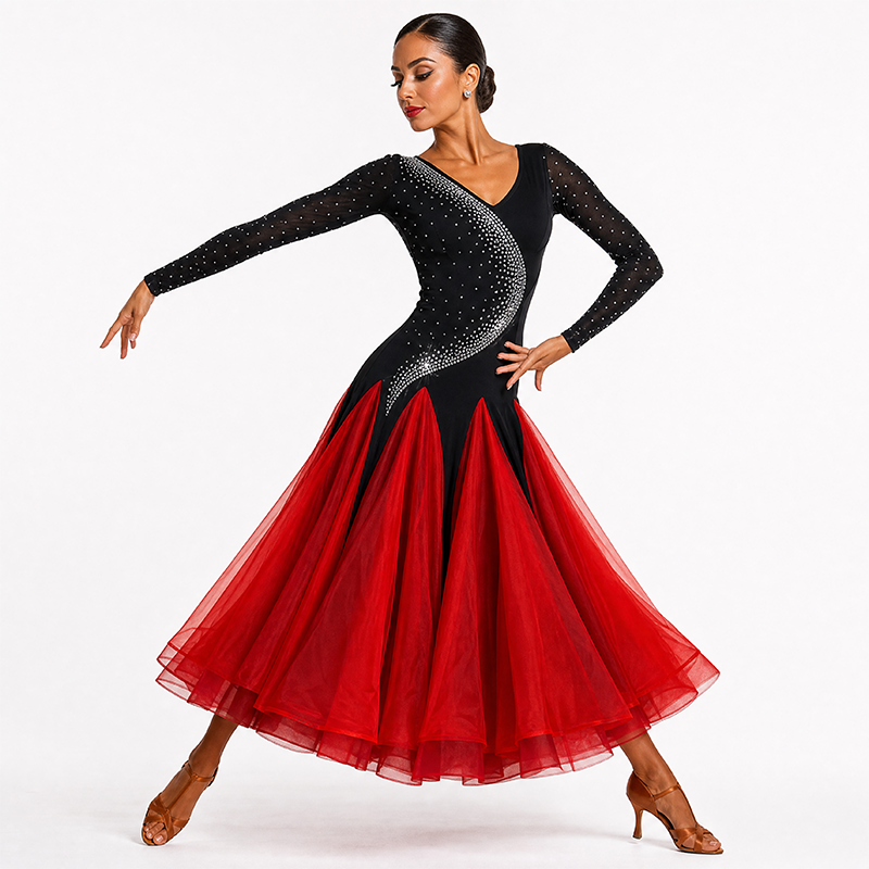 Customisable-Women's Long Sleeve Diamond Waltz Ballroom Dance Competition Modern Dance Large Swing Dress