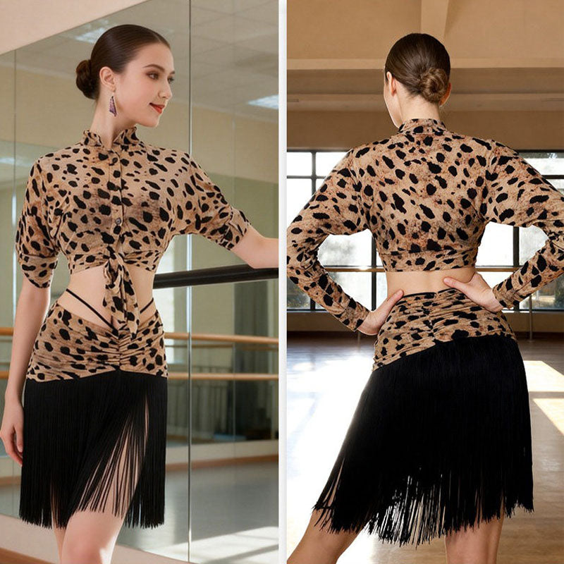 YJFY Women's Leopard Tassel Latin Dance Sets Dance Wear Training Performance Dress Sets (With Bra)