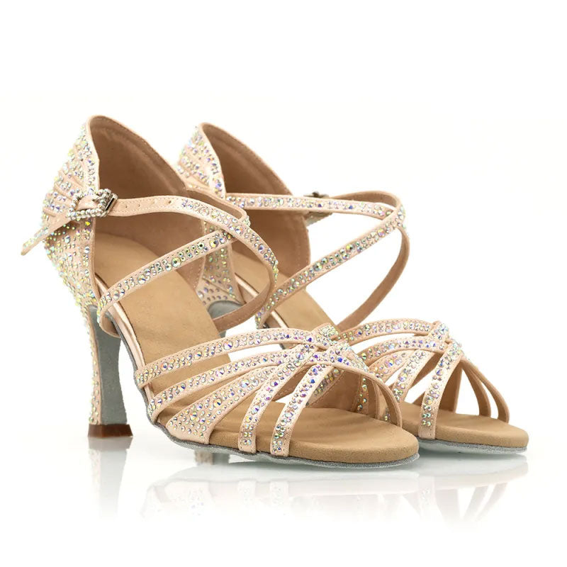 Women's Light Pink Customized Heel Open Toe Strappy Dance Shoes With Crystals