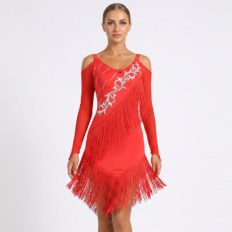 Customisable-Women's Long Sleeve Tassel DanceWear Dance Dress Performance Wear