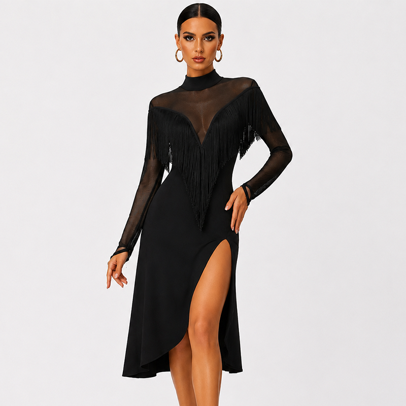 Customisable-Women's Black Long Sleeve Dance Wear Dance Dress Performance Wear
