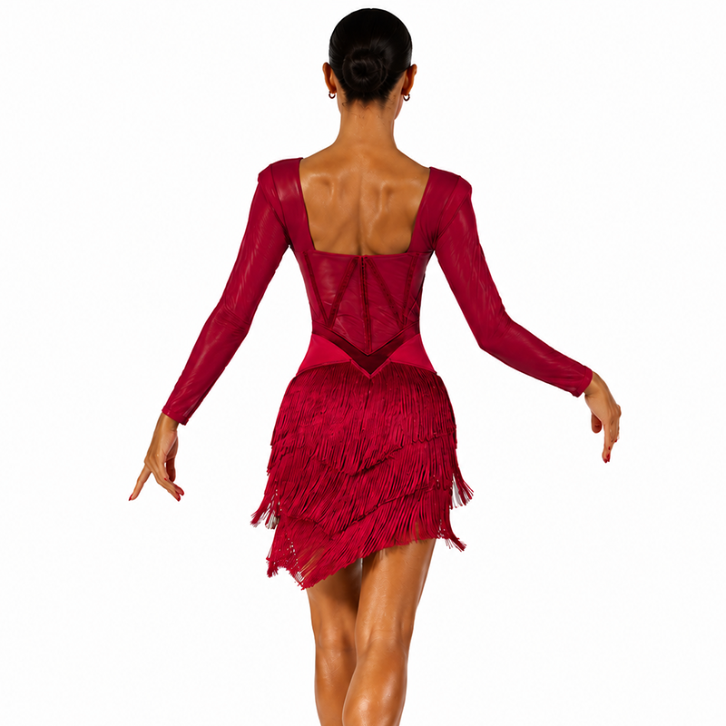 YZY Customisable-Women's Red Long Sleeve Tassel DanceWear Dance Dress Performance Wear