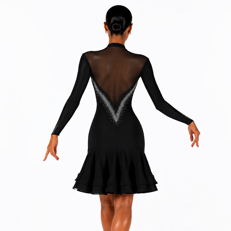 Customisable-Women's Black Long Sleeve DanceWear Dance Dress Performance Wear