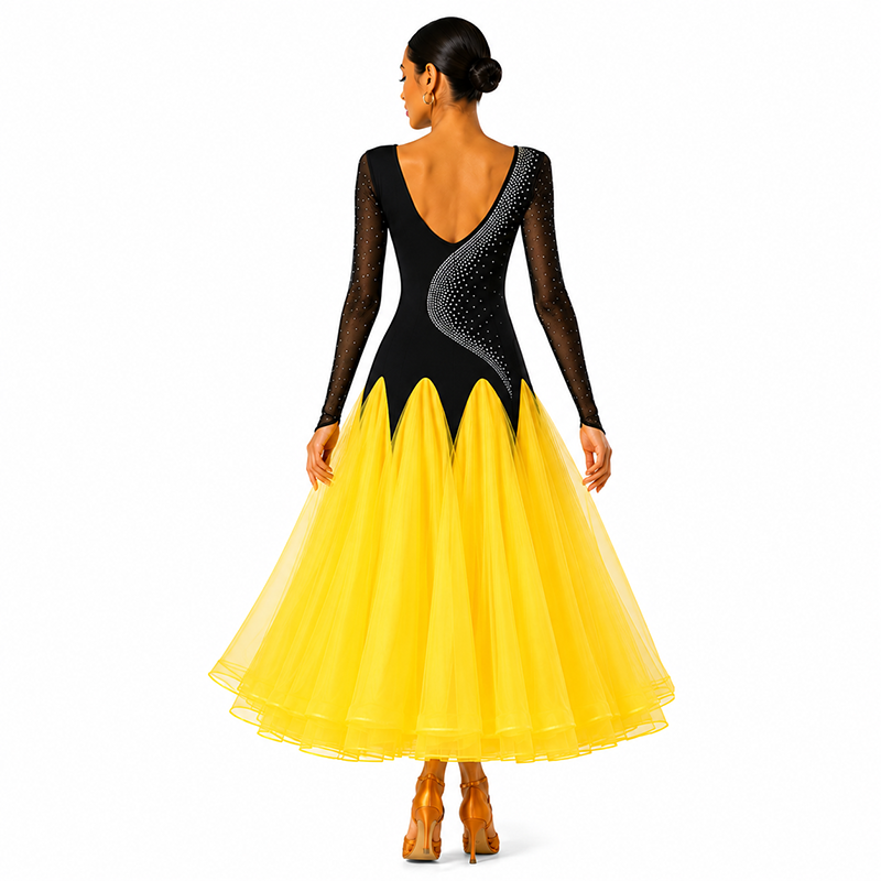 Customisable-Women's Long Sleeve Diamond Waltz Ballroom Dance Competition Modern Dance Large Swing Dress
