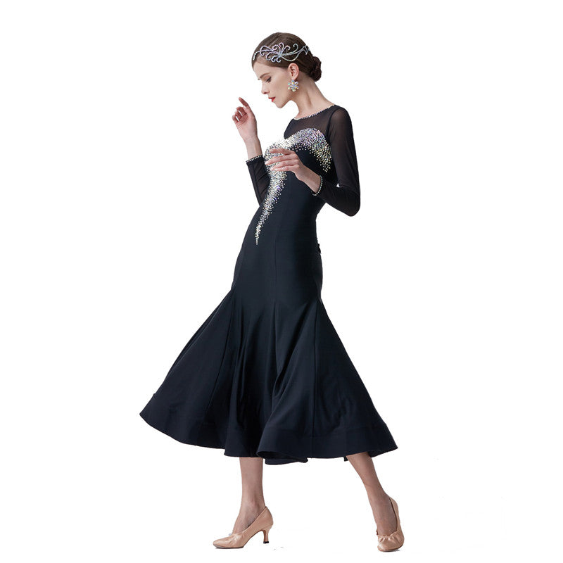 YUN Customisable-Women's Long Sleeve Mesh Diamonds Dress For Ballroom Dancing standard/Smooth Dress