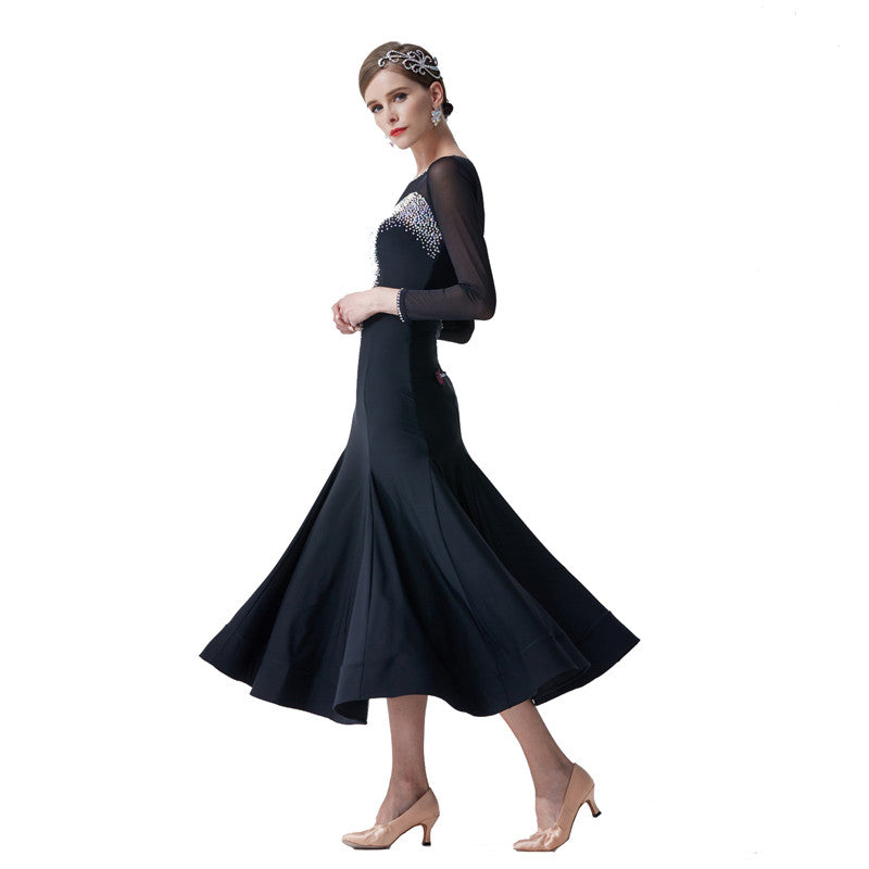 YUN Customisable-Women's Long Sleeve Mesh Diamonds Dress For Ballroom Dancing standard/Smooth Dress