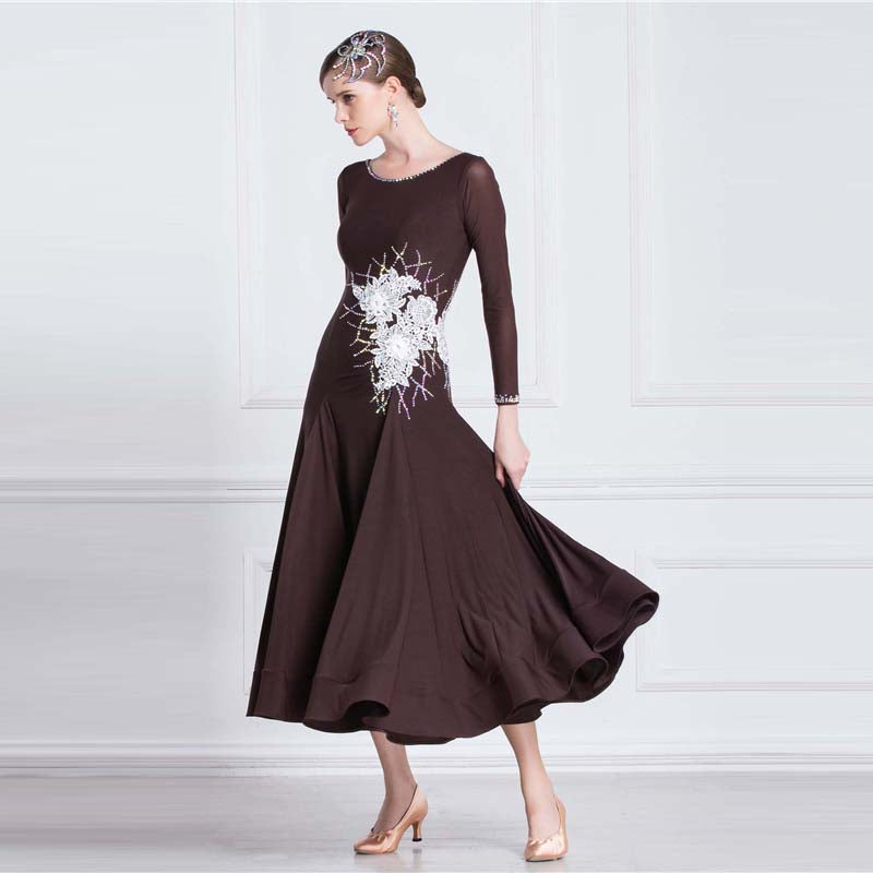 YUN Customisable-Women's Long Sleeve Applique with Diamonds Waltz Modern Ballroom Dance Dress