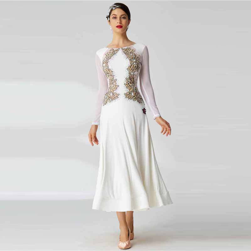 YUN Customisable-Women's Long Sleeve Lace Diamonds Dress For Ballroom Dancing Smooth Dress