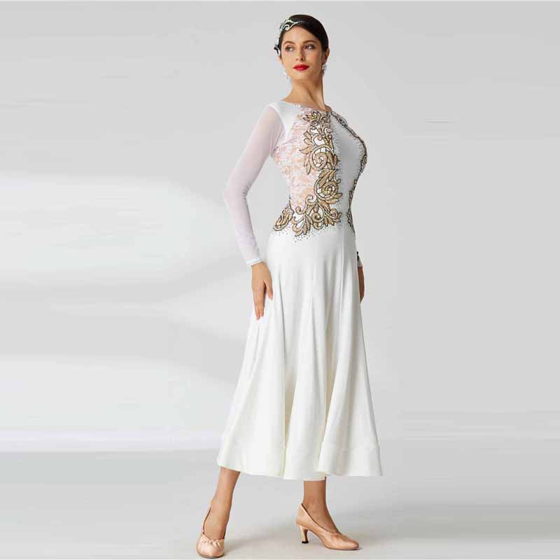 YUN Customisable-Women's Long Sleeve Lace Diamonds Dress For Ballroom Dancing Smooth Dress