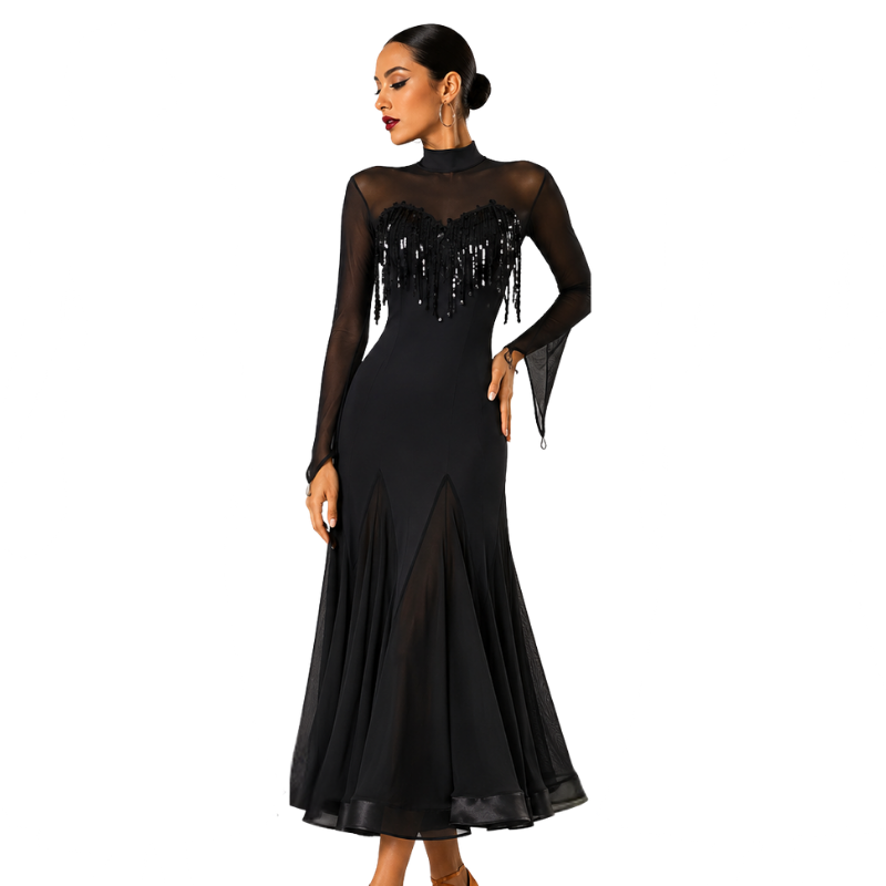 Customisable-Women's Black Long Sleeve Modern Dance Performance Dress Ballroom Dance Dress