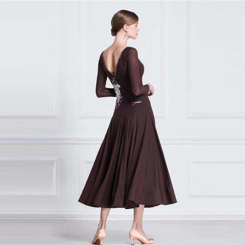 YUN Customisable-Women's Long Sleeve Applique with Diamonds Waltz Modern Ballroom Dance Dress