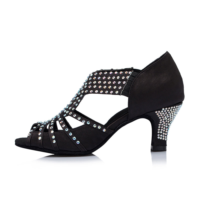 Women's Satin Black Rhinestone Customized Heels Dance Boots Salsa Dance Shoes