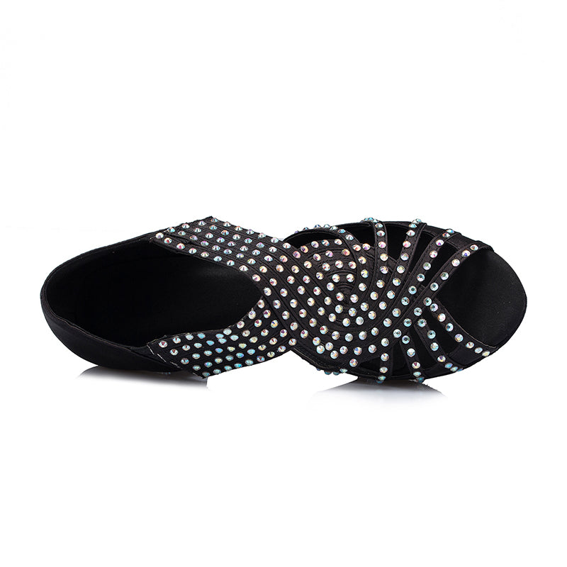 Women's Satin Black Rhinestone Customized Heels Dance Boots Salsa Dance Shoes
