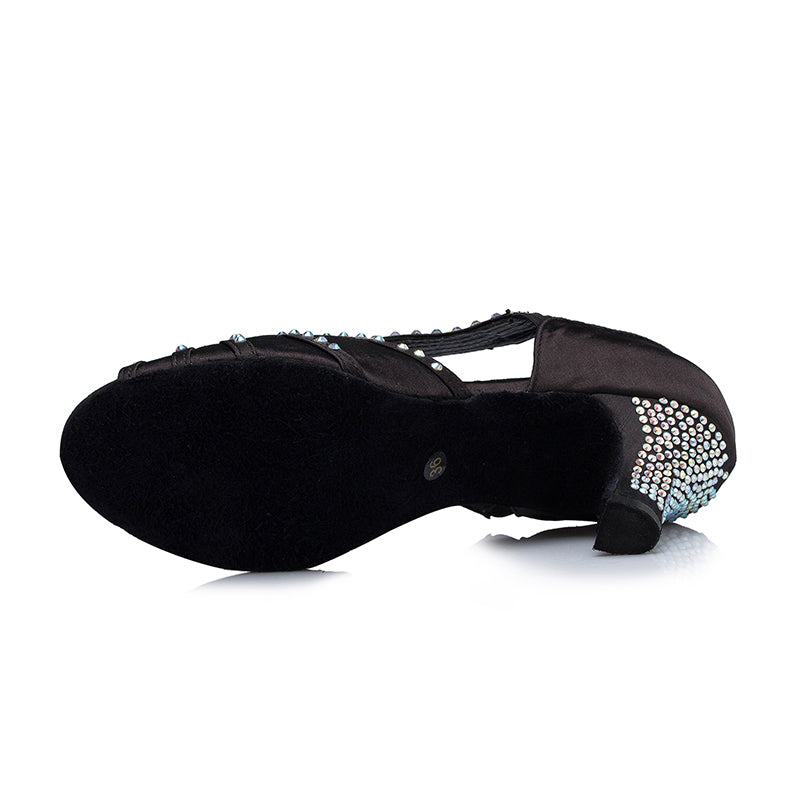 Women's Satin Black Rhinestone Customized Heels Dance Boots Salsa Dance Shoes