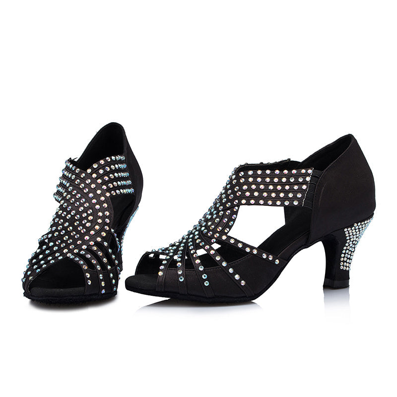 Women's Satin Black Rhinestone Customized Heels Dance Boots Salsa Dance Shoes