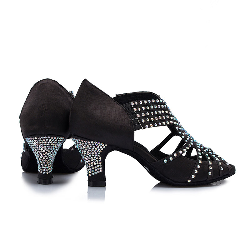 Women's Satin Black Rhinestone Customized Heels Dance Boots Salsa Dance Shoes