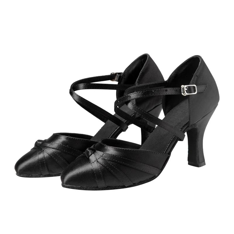 DS Women's Black Satin Customized Heel Ballroom Dance Shoes Modern Shoes