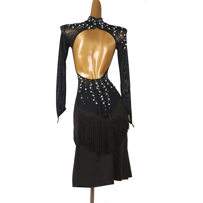 YZY Customisable-Women's Black Long Sleeve Tassel DanceWear Dance Dress Performance Wear