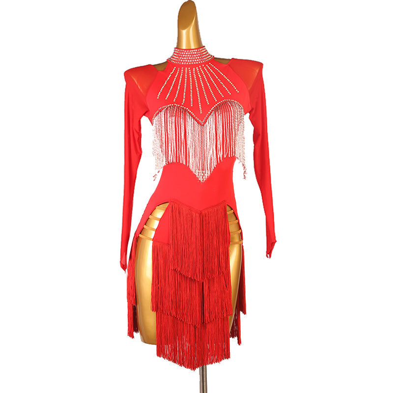 Customisable-Women's Long Sleeve Tassel Dance Wear Dance Dress Performance Wear