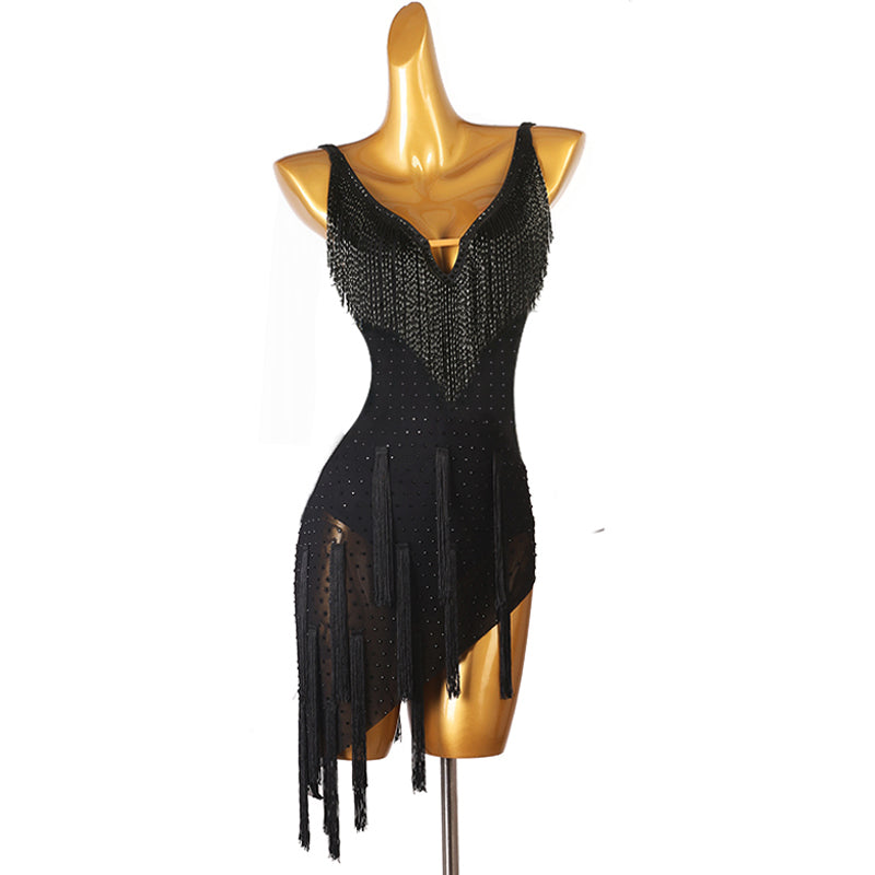Customisable-Women's Black Tassel Dance Wear Dance Dress Performance Wear