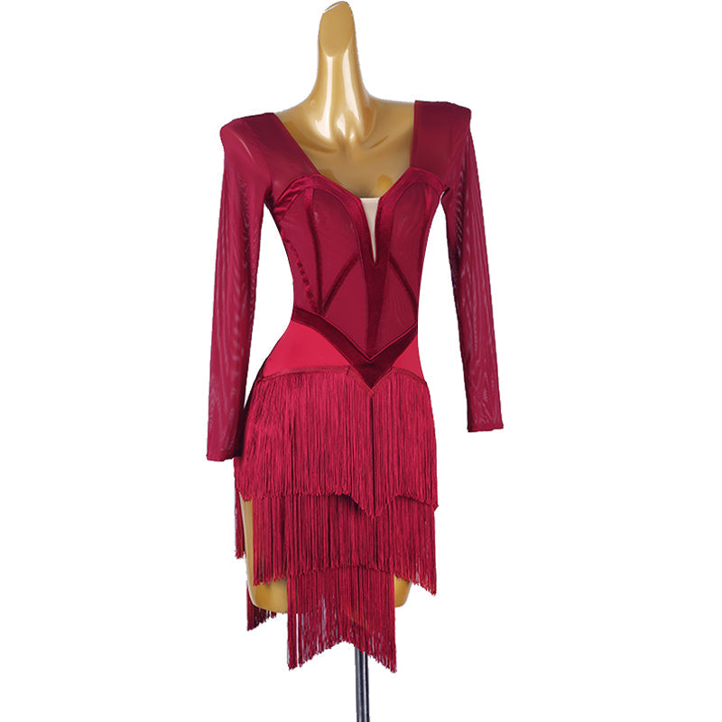 YZY Customisable-Women's Red Long Sleeve Tassel DanceWear Dance Dress Performance Wear