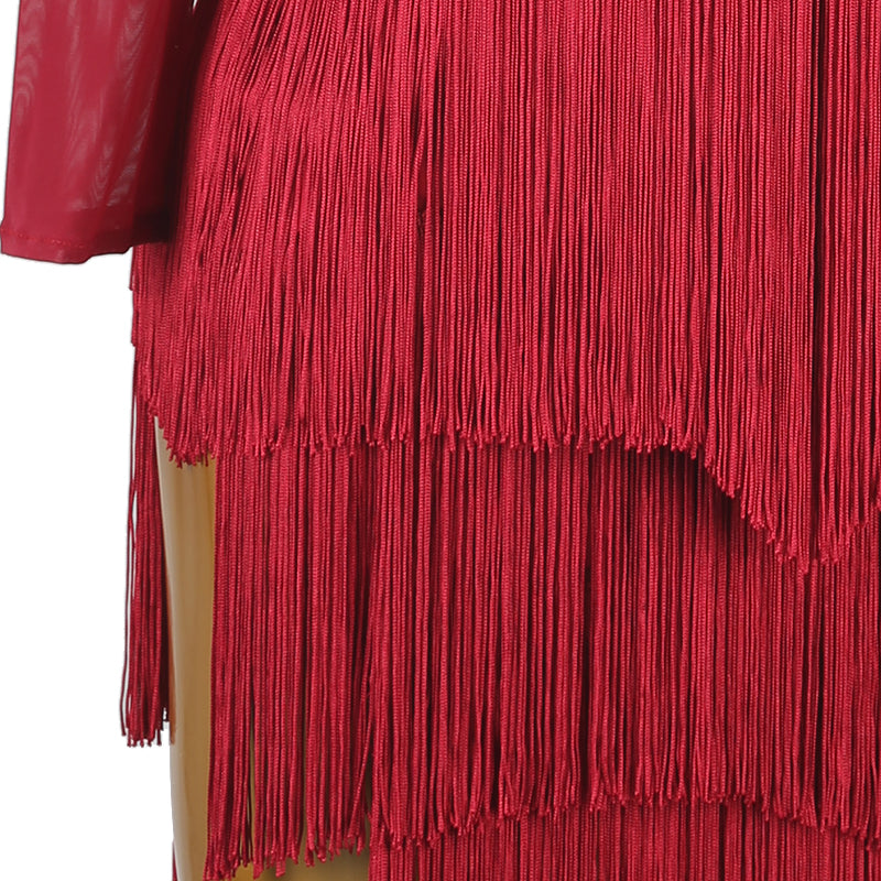 YZY Customisable-Women's Red Long Sleeve Tassel DanceWear Dance Dress Performance Wear
