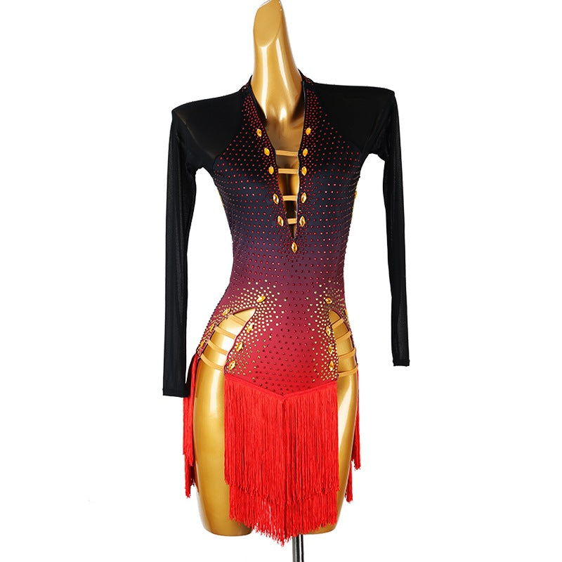 YZY Customisable-Women's Black Long Sleeve Tassel DanceWear Dance Dress Performance Wear