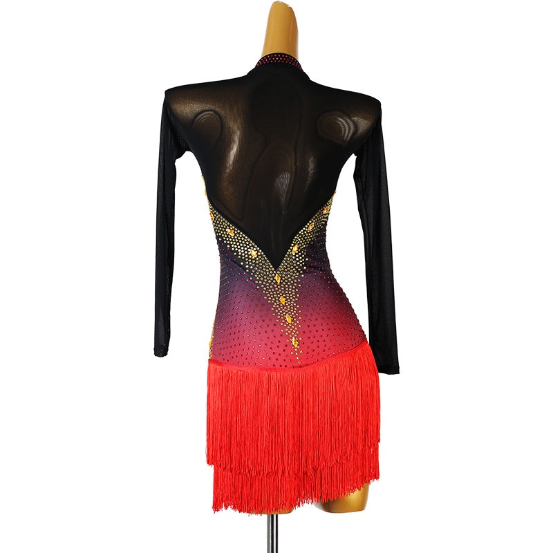 YZY Customisable-Women's Black Long Sleeve Tassel DanceWear Dance Dress Performance Wear