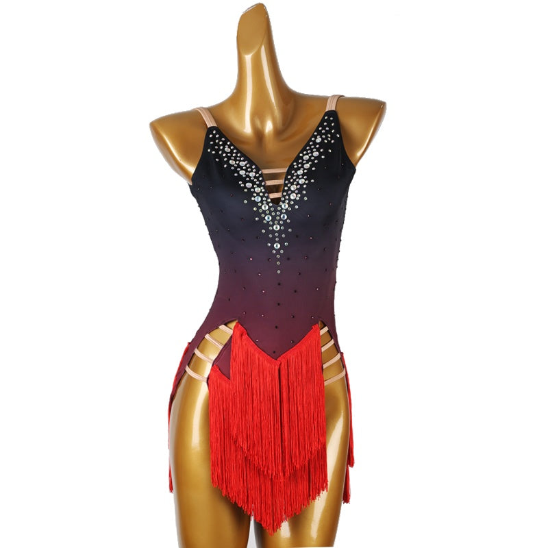 YZY Customisable-Women's Black Tassel DanceWear Dance Dress Performance Wear