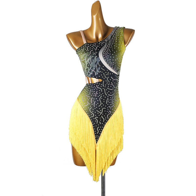 YZY Customisable-Women's Performance Yellow Sleeveless Tassels Latin Salsa Dance Dress Competition Dress