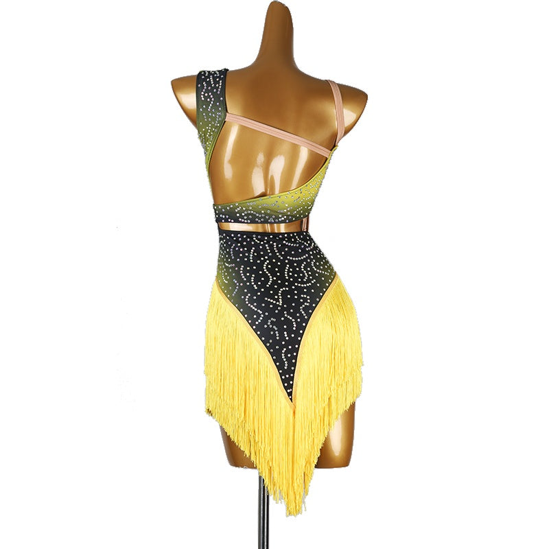 YZY Customisable-Women's Performance Yellow Sleeveless Tassels Latin Salsa Dance Dress Competition Dress