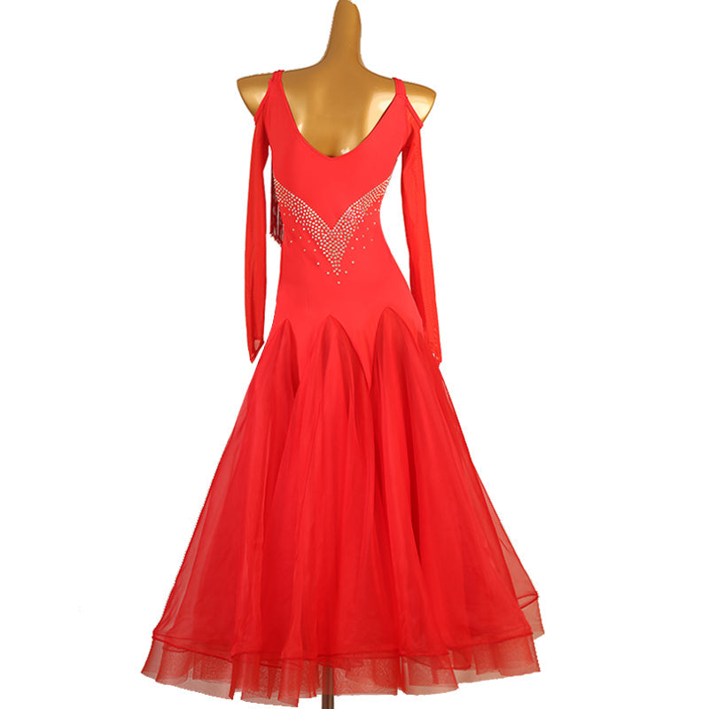 Customisable-Women's Long Sleeve Red Tassel Modern Dance Performance Dress Ballroom Dance Dress