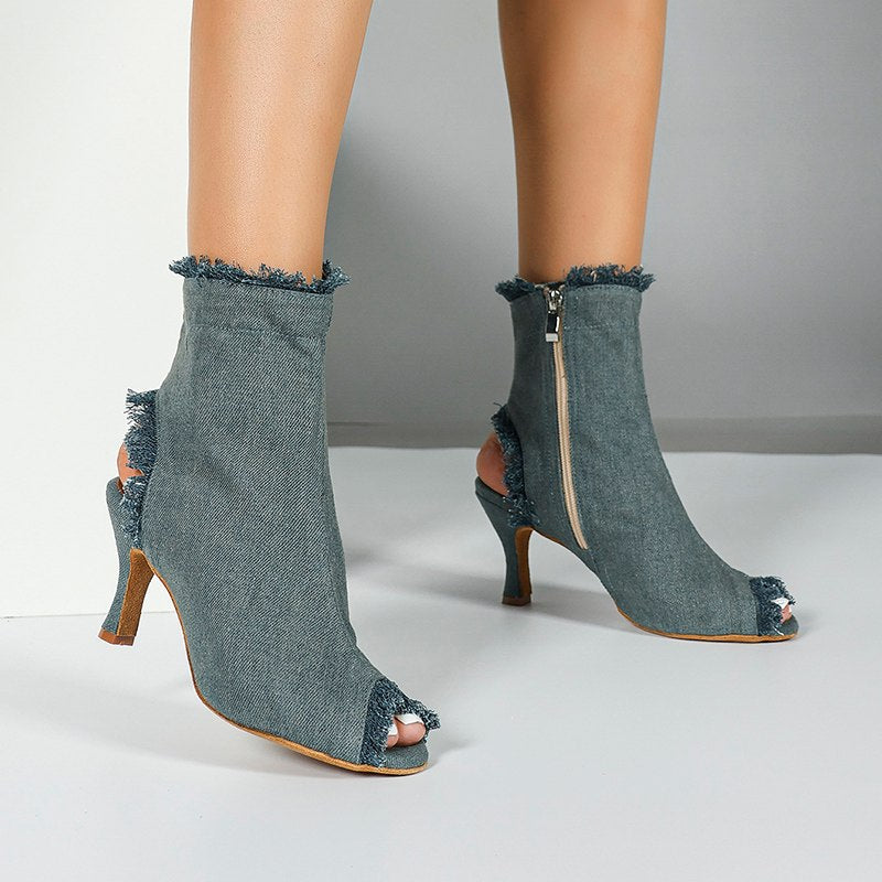 DS Women's Blue Denim Customized Heel Dance Boots Salsa Jazz Dance Shoes