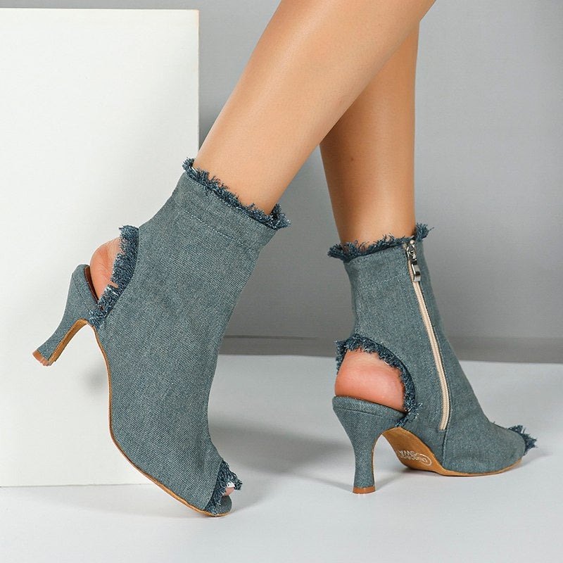DS Women's Blue Denim Customized Heel Dance Boots Salsa Jazz Dance Shoes