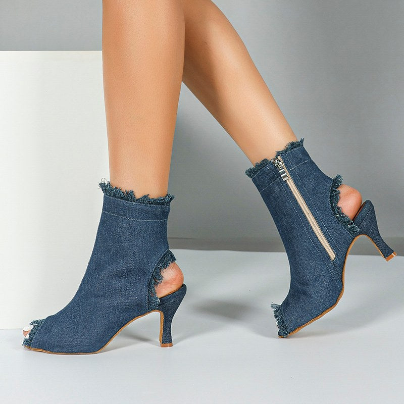 DS Women's Blue Denim Customized Heel Dance Boots Salsa Jazz Dance Shoes