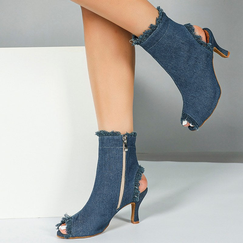 DS Women's Blue Denim Customized Heel Dance Boots Salsa Jazz Dance Shoes