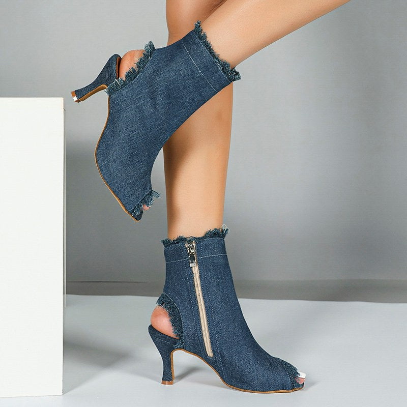 DS Women's Blue Denim Customized Heel Dance Boots Salsa Jazz Dance Shoes