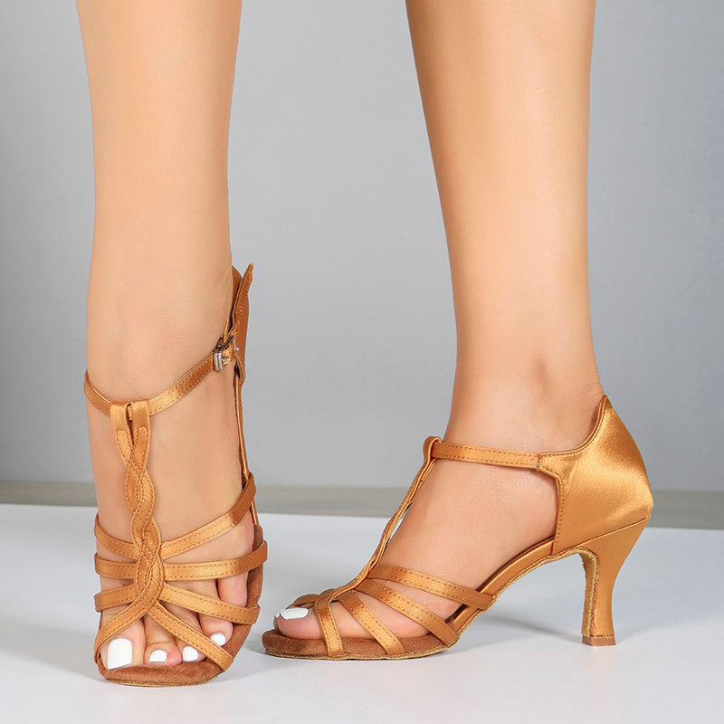 Women's Satin Customized Heel T-Strap Strappy Latin Dance Shoes Ballroom Dance Shoes