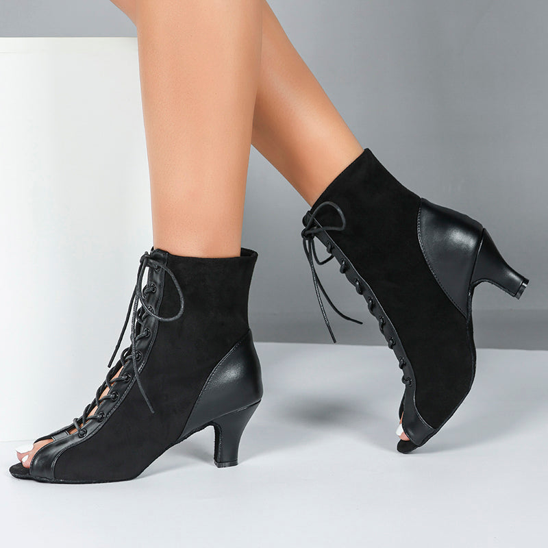 DS Women's Black Real Leather Customized Heel Dance Boots Jazz Salsa Dance Shoes