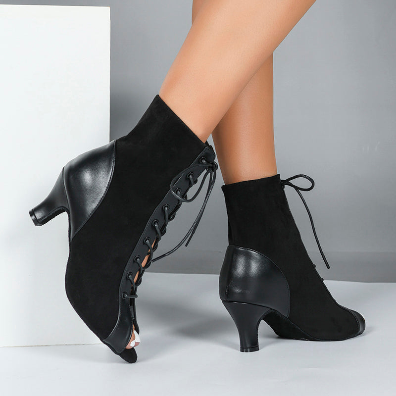 DS Women's Black Real Leather Customized Heel Dance Boots Jazz Salsa Dance Shoes