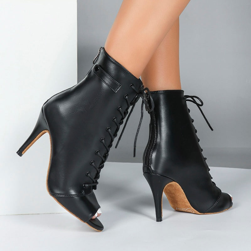 DS Women's Black Leatherette Customized Heel Suede Heel Dance Boots Salsa Jazz Dance Shoes