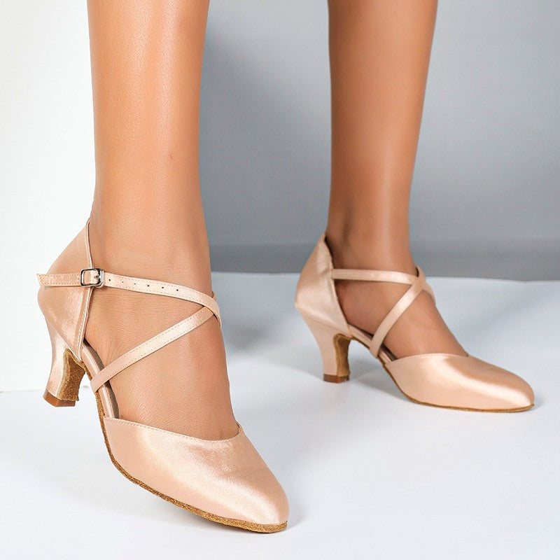 Women's Flesh Pink Satin Customized Heel Closed Toe Ballroom Dance Shoes Modern Shoes