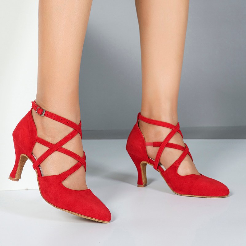 DS Women's Red Velvet Pointed Toe Customized Heel Closed Toe Dance Shoes
