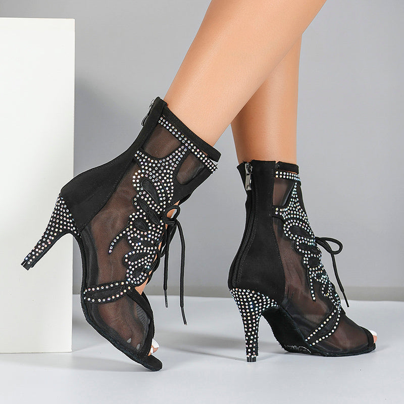 DS Women's Satin Mesh Customized Dance Heels Boots Salsa Jazz Dance Shoes