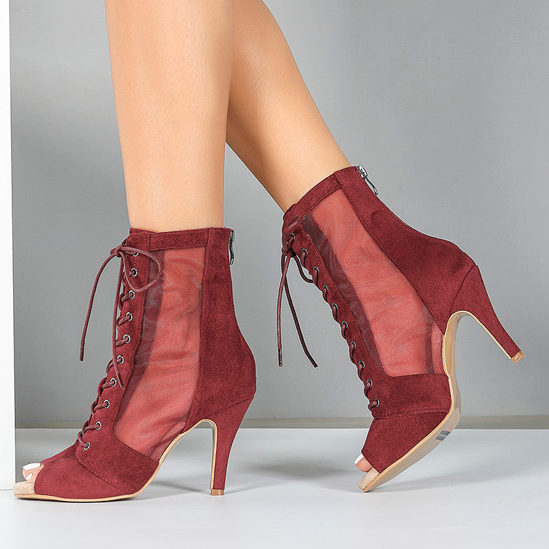 Women's PU Rubber Sole Wine Red Customized Dance Heels Boots Jazz Salsa Dancing Shoes