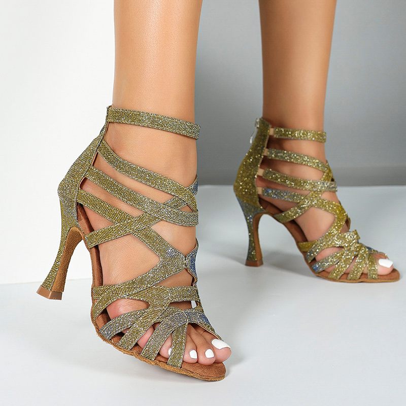 Women's Gold Gliiter Customized Heels Dance Boots Jazz Salsa Dancing Shoes