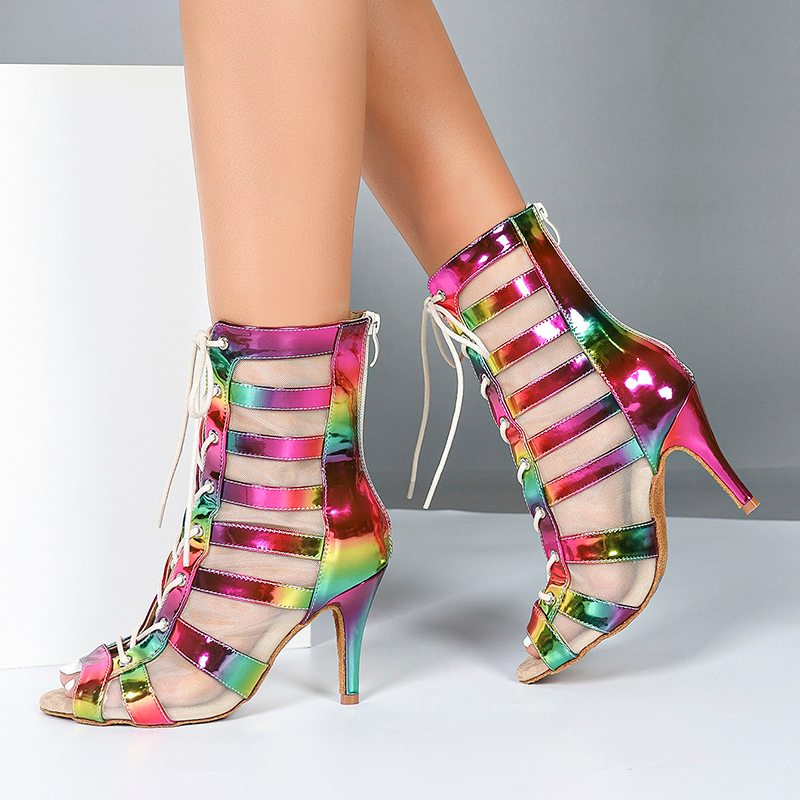 DS Ladies PU Rainbow Customized Heel Dance Boots Salsa Professional Dance Shoes